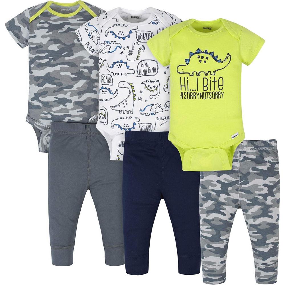 imageOnesies Brand Unisex Baby 3 Outfit Bundle Mix Match Newborn to 12m Pants SetGrey Green Camo Dino