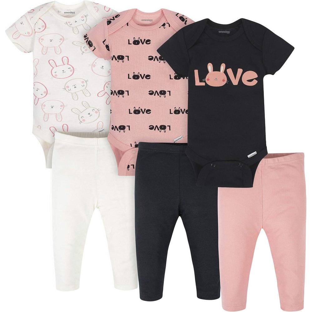 imageOnesies Brand Unisex Baby 3 Outfit Bundle Mix Match Newborn to 12m Pants SetPink Bunny Print